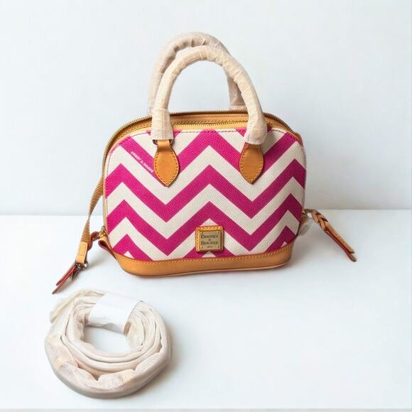 Dooney & Bourke Bitsy Bag Chevron Fuchsia Pink Canvas Leather Satchel NWT - Picture 2 of 8